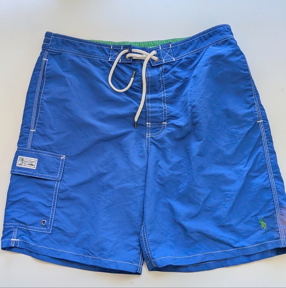Polo Ralph Lauren Blue Swim Trunks Medium | Green Waistband Drawstring‎ Shorts